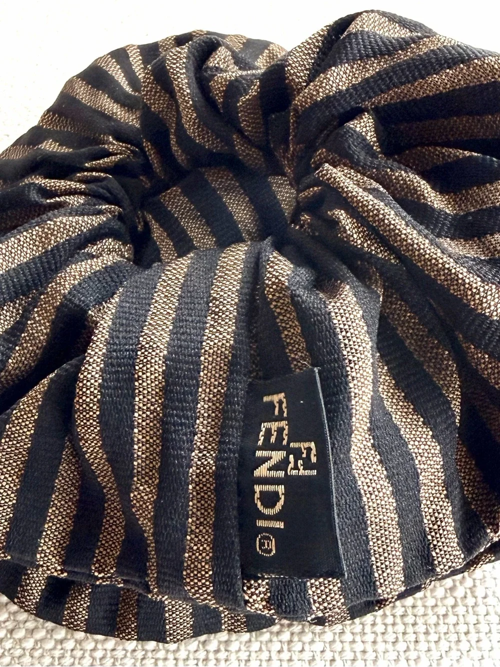 FENDI Vintage Pequin Pecan Stripe Scrunchie Brown Black Hair Tie